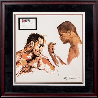 1971 Muhammad Ali vs. Joe Frazier 23 x 23 Print by LeRoy Neiman in 33 x 33 Frame Display with Muhammad Ali Signed and Inscribed "3 Time World Heavy Weight Champion, June 12, 84" Postcard (PSA/DNA)